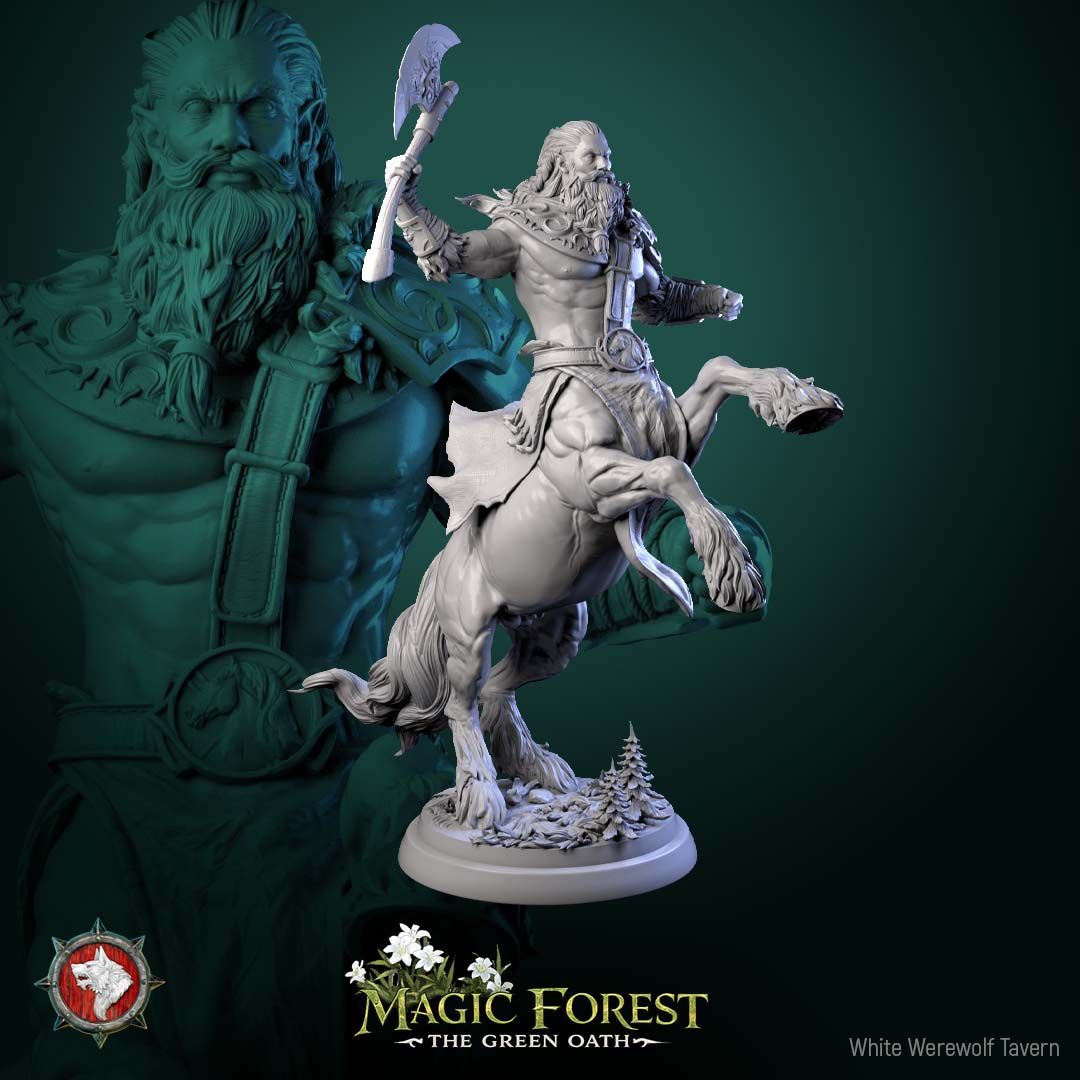 Render of Centaur Warriors | 32mm Fantasy Centaur Miniatures: Six wild bearded centaur warriors with axes, spears, and shield, from White Werewolf's Magic Forest: The Green Oath. 32mm 3D printed resin, single or set.