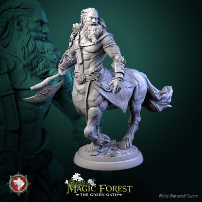 Render of Centaur Warriors | 32mm Fantasy Centaur Miniatures: Six wild bearded centaur warriors with axes, spears, and shield, from White Werewolf's Magic Forest: The Green Oath. 32mm 3D printed resin, single or set.