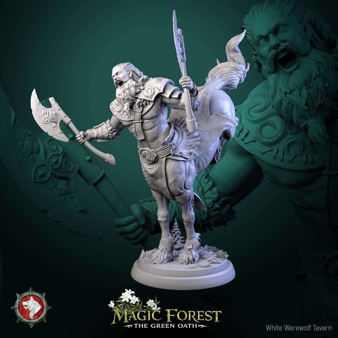 Render of Centaur Warriors | 32mm Fantasy Centaur Miniatures: Six wild bearded centaur warriors with axes, spears, and shield, from White Werewolf's Magic Forest: The Green Oath. 32mm 3D printed resin, single or set.
