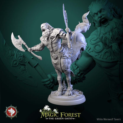 Render of Centaur Warriors | 32mm Fantasy Centaur Miniatures: Six wild bearded centaur warriors with axes, spears, and shield, from White Werewolf's Magic Forest: The Green Oath. 32mm 3D printed resin, single or set.