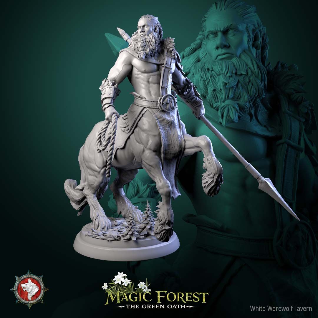 Render of Centaur Warriors | 32mm Fantasy Centaur Miniatures: Six wild bearded centaur warriors with axes, spears, and shield, from White Werewolf's Magic Forest: The Green Oath. 32mm 3D printed resin, single or set.
