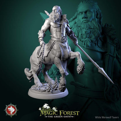 Render of Centaur Warriors | 32mm Fantasy Centaur Miniatures: Six wild bearded centaur warriors with axes, spears, and shield, from White Werewolf's Magic Forest: The Green Oath. 32mm 3D printed resin, single or set.