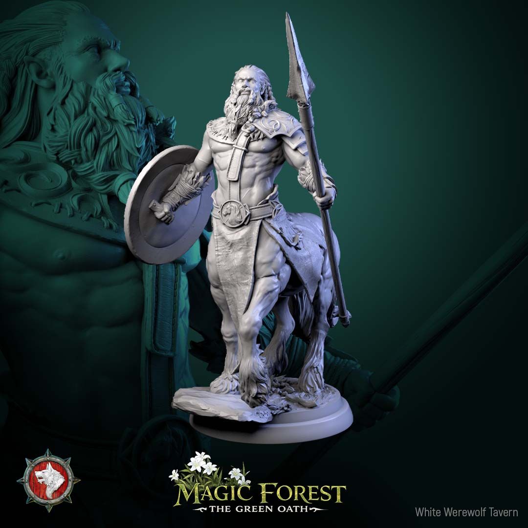 Render of Centaur Warriors | 32mm Fantasy Centaur Miniatures: Six wild bearded centaur warriors with axes, spears, and shield, from White Werewolf's Magic Forest: The Green Oath. 32mm 3D printed resin, single or set.