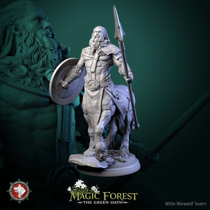 Render of Centaur Warriors | 32mm Fantasy Centaur Miniatures: Six wild bearded centaur warriors with axes, spears, and shield, from White Werewolf's Magic Forest: The Green Oath. 32mm 3D printed resin, single or set.