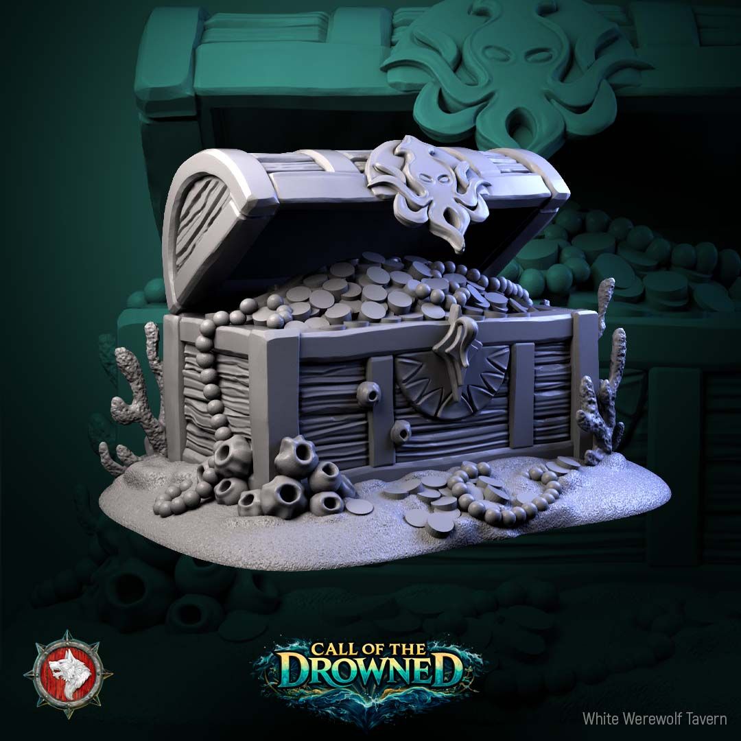 Render of Underwater Scatter Terrain | Sunken Treasure, Coral and Anchor: Treasure chest, coral reef, and fouled anchor scatter pieces for underwater tables and dioramas, from Call of the Drowned. 3D printed resin terrain set.