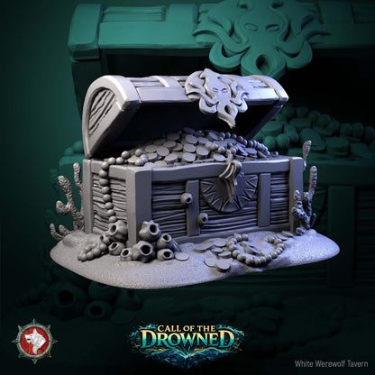 Render of Underwater Scatter Terrain | Sunken Treasure, Coral and Anchor: Treasure chest, coral reef, and fouled anchor scatter pieces for underwater tables and dioramas, from Call of the Drowned. 3D printed resin terrain set.