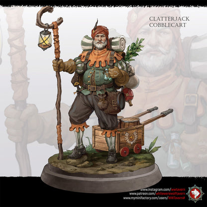 Render of Clatterjack Cobblecart | 32-75mm Peddler Miniature: Turbaned trinket peddler with lantern staff, heavy pack, and cart, from White Werewolf's The Marvel Hour dark circus. 32-75mm 3D printed resin miniature.