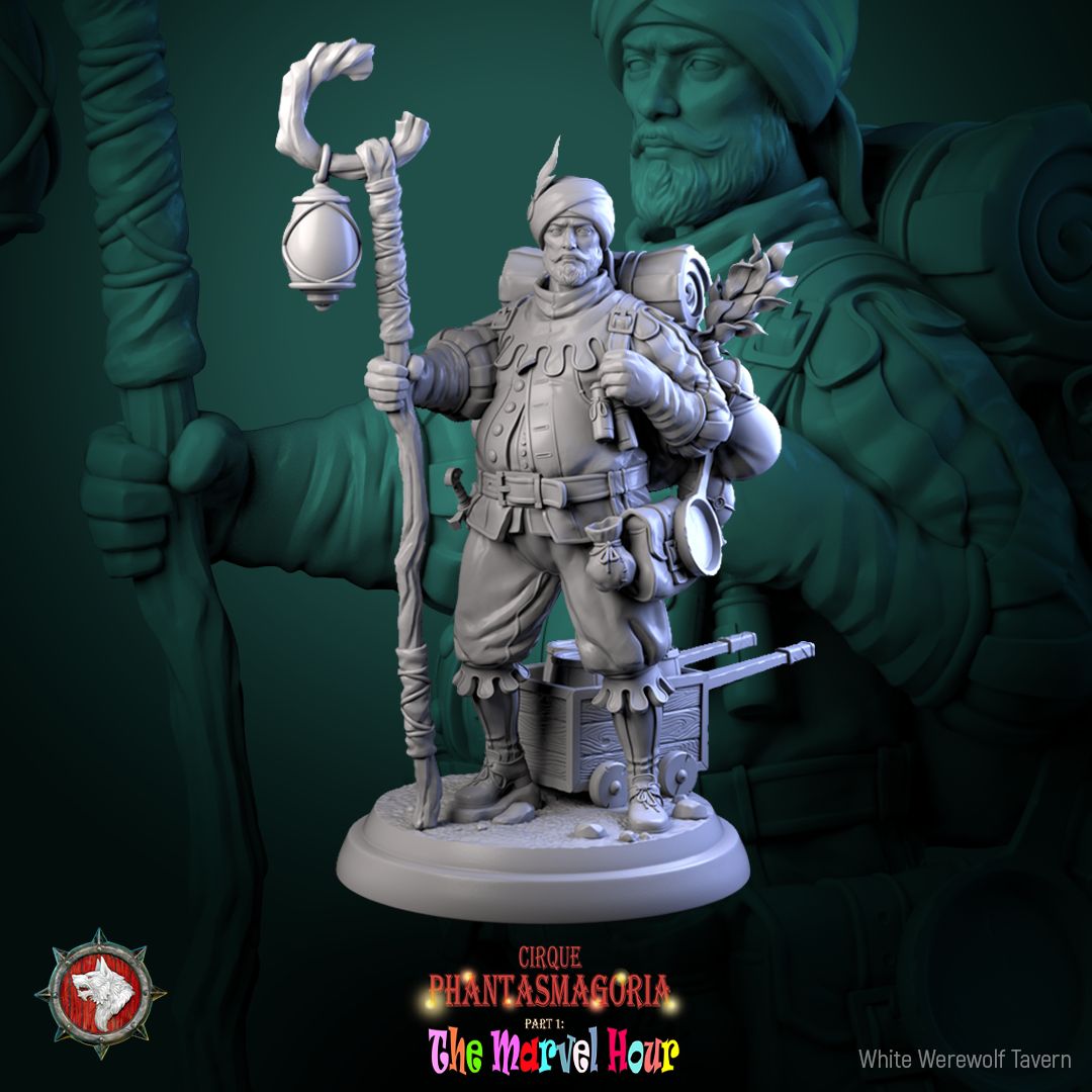 Render of Clatterjack Cobblecart | 32-75mm Peddler Miniature: Turbaned trinket peddler with lantern staff, heavy pack, and cart, from White Werewolf's The Marvel Hour dark circus. 32-75mm 3D printed resin miniature.