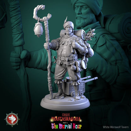 Render of Clatterjack Cobblecart | 32-75mm Peddler Miniature: Turbaned trinket peddler with lantern staff, heavy pack, and cart, from White Werewolf's The Marvel Hour dark circus. 32-75mm 3D printed resin miniature.