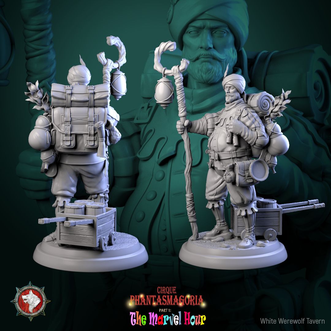 Render of Clatterjack Cobblecart | 32-75mm Peddler Miniature: Turbaned trinket peddler with lantern staff, heavy pack, and cart, from White Werewolf's The Marvel Hour dark circus. 32-75mm 3D printed resin miniature.