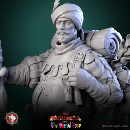 Render of Clatterjack Cobblecart | 32-75mm Peddler Miniature: Turbaned trinket peddler with lantern staff, heavy pack, and cart, from White Werewolf's The Marvel Hour dark circus. 32-75mm 3D printed resin miniature.
