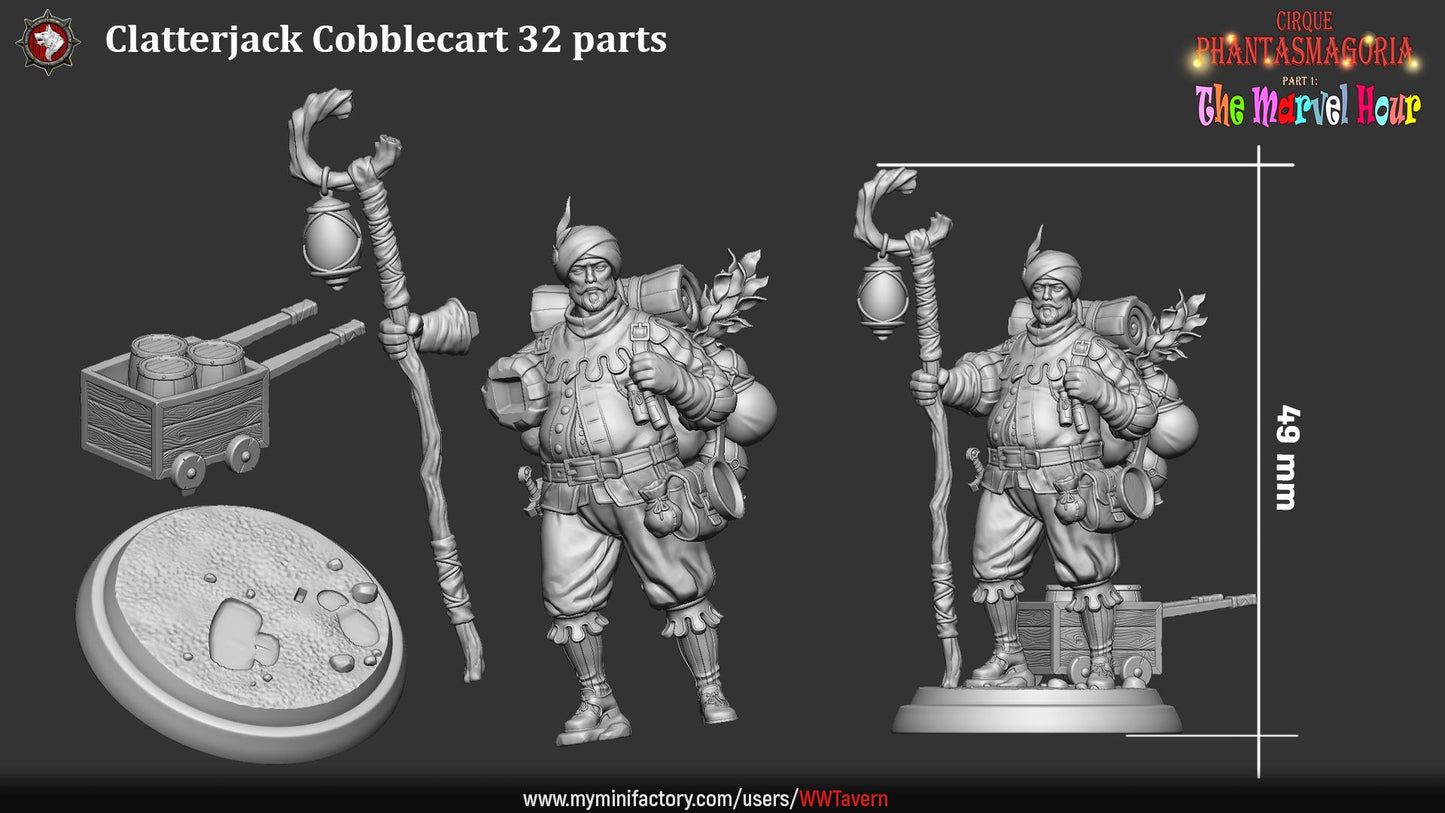 Render of Clatterjack Cobblecart | 32-75mm Peddler Miniature: Turbaned trinket peddler with lantern staff, heavy pack, and cart, from White Werewolf's The Marvel Hour dark circus. 32-75mm 3D printed resin miniature.