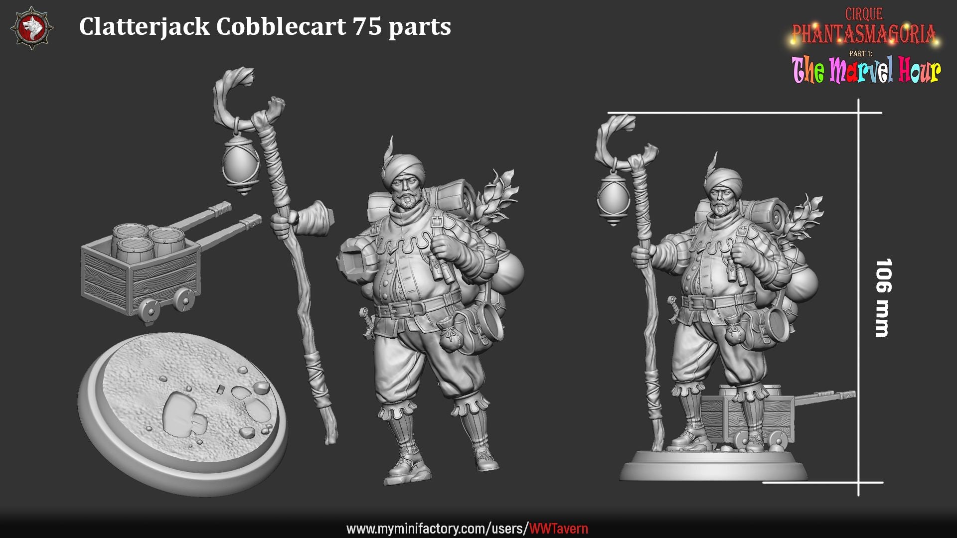 Render of Clatterjack Cobblecart | 32-75mm Peddler Miniature: Turbaned trinket peddler with lantern staff, heavy pack, and cart, from White Werewolf's The Marvel Hour dark circus. 32-75mm 3D printed resin miniature.