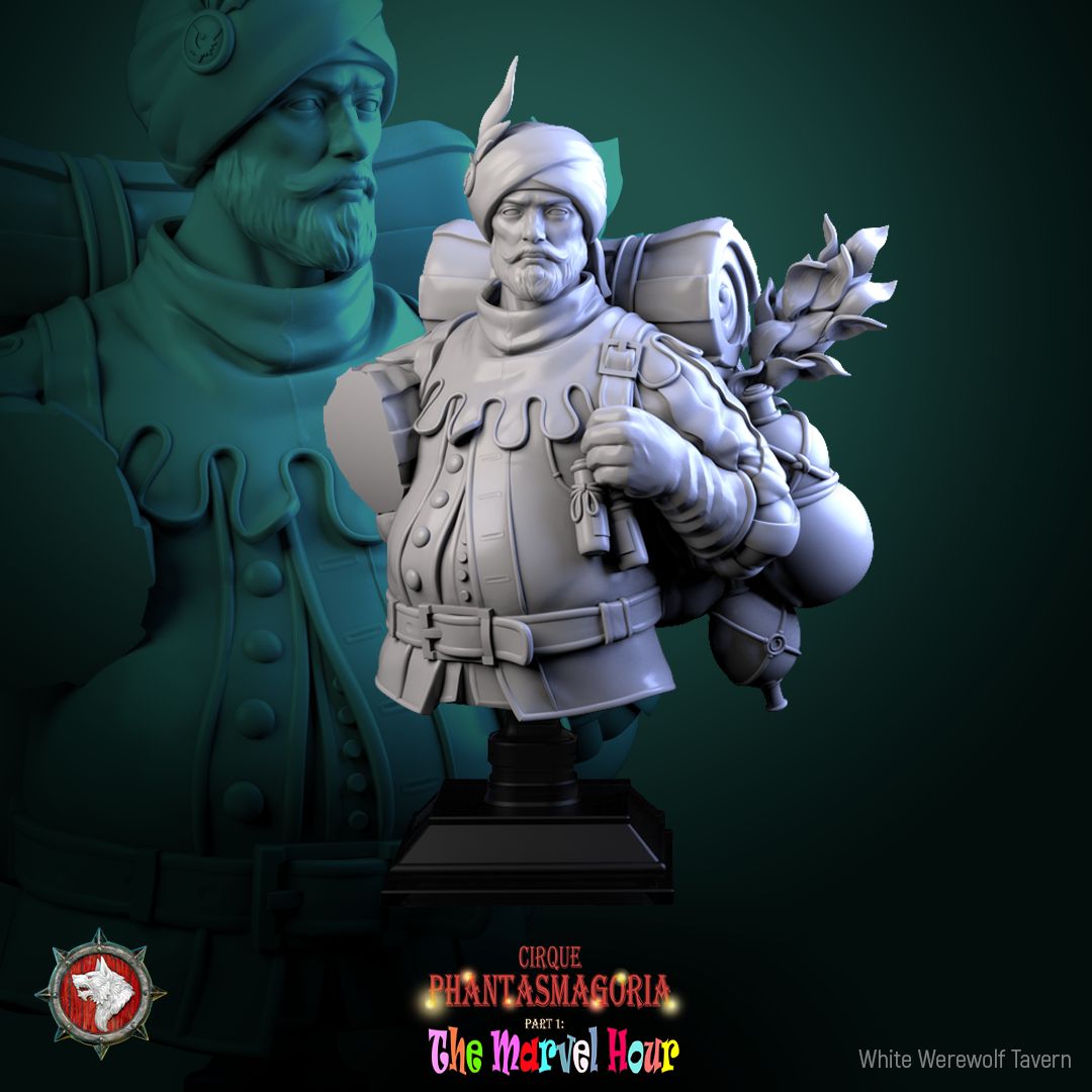 Render of Clatterjack Cobblecart Bust | Peddler Collector Bust: Turbaned trinket peddler bust with feathered wrap, from White Werewolf's The Marvel Hour dark circus. 3D printed resin collector bust with stand.