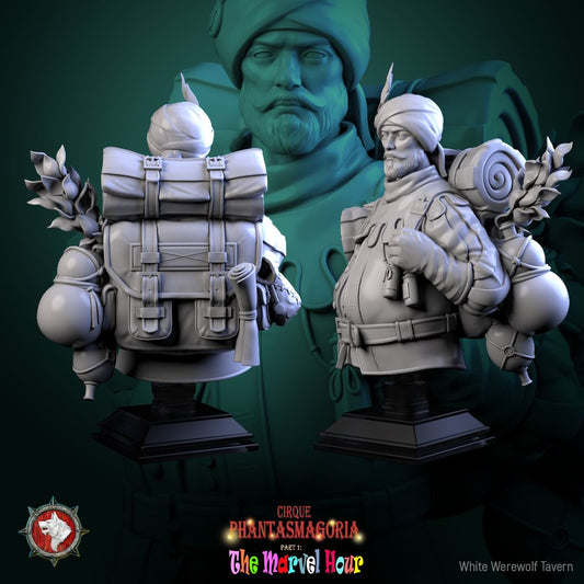 Render of Clatterjack Cobblecart Bust | Peddler Collector Bust: Turbaned trinket peddler bust with feathered wrap, from White Werewolf's The Marvel Hour dark circus. 3D printed resin collector bust with stand.