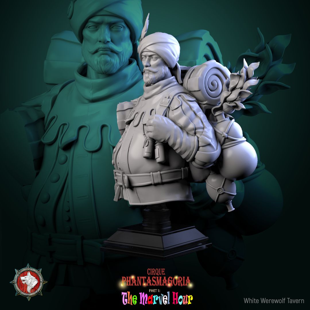 Render of Clatterjack Cobblecart Bust | Peddler Collector Bust: Turbaned trinket peddler bust with feathered wrap, from White Werewolf's The Marvel Hour dark circus. 3D printed resin collector bust with stand.