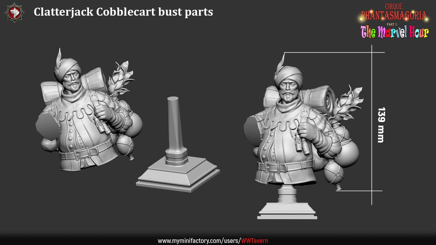 Render of Clatterjack Cobblecart Bust | Peddler Collector Bust: Turbaned trinket peddler bust with feathered wrap, from White Werewolf's The Marvel Hour dark circus. 3D printed resin collector bust with stand.