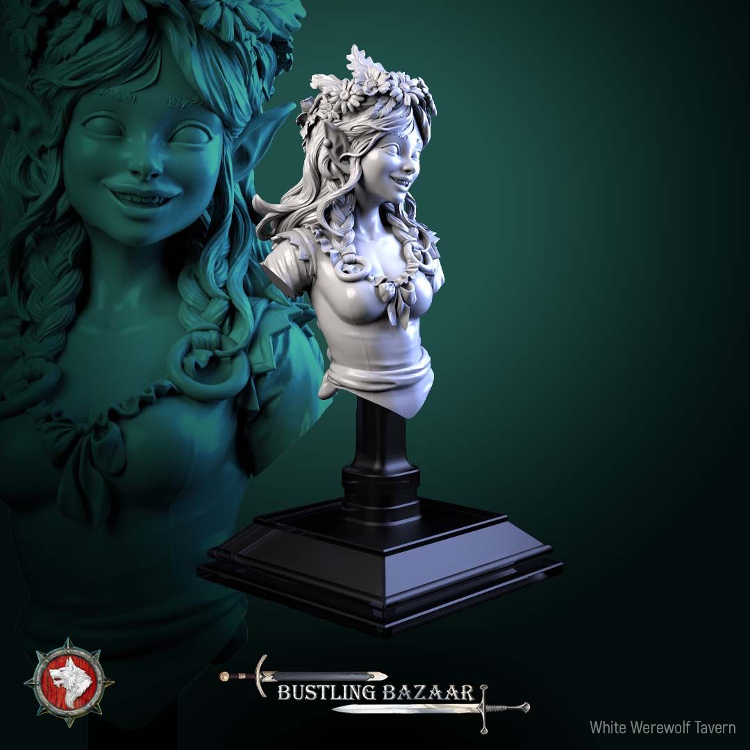 Render of Clover Mossroot Bust | Halfling Flower Girl Collector Bust: Smiling halfling flower girl bust with daisy crown and braids, from White Werewolf's Bustling Bazaar. 3D printed resin collector bust with stand.