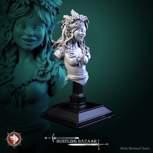 Render of Clover Mossroot Bust | Halfling Flower Girl Collector Bust: Smiling halfling flower girl bust with daisy crown and braids, from White Werewolf's Bustling Bazaar. 3D printed resin collector bust with stand.