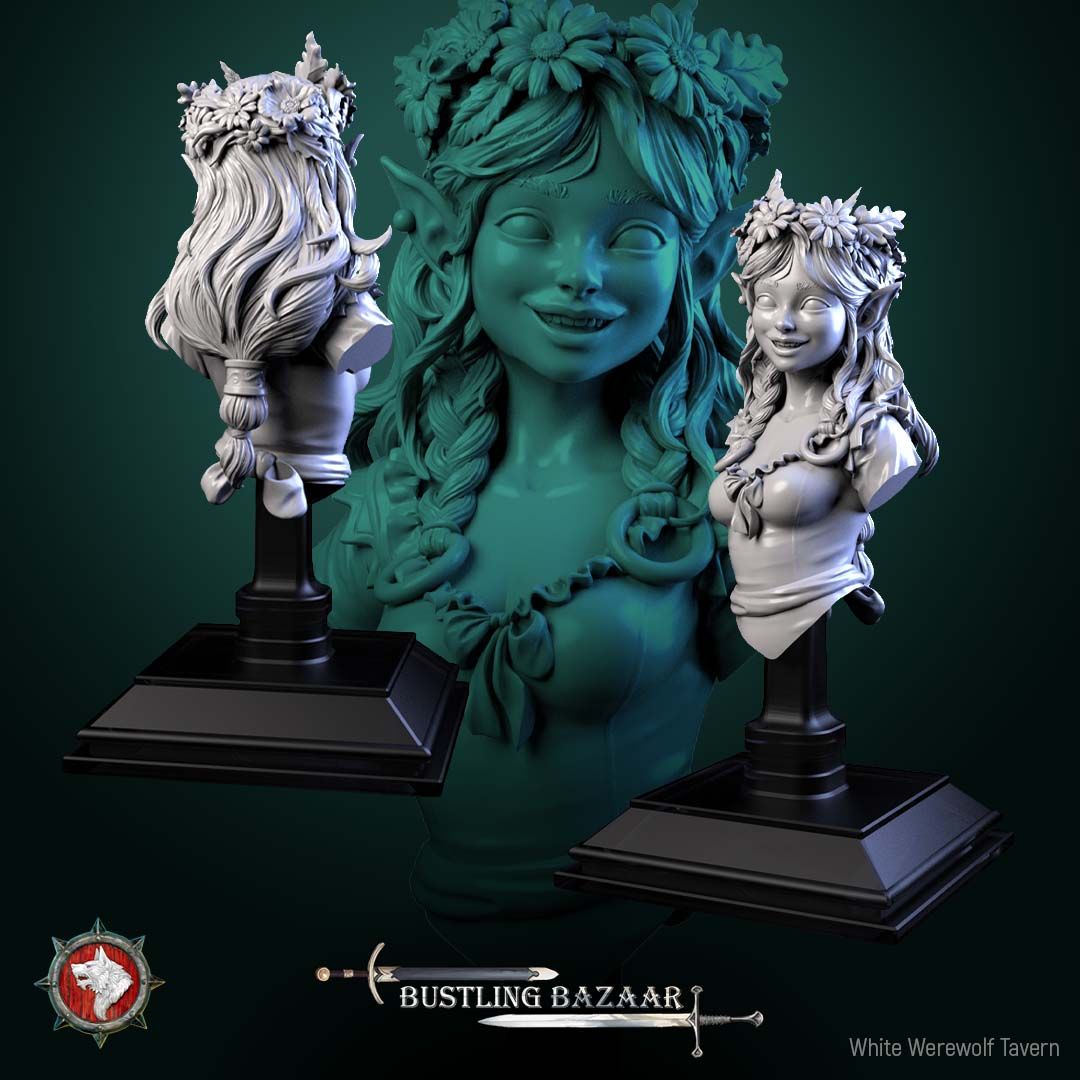 Render of Clover Mossroot Bust | Halfling Flower Girl Collector Bust: Smiling halfling flower girl bust with daisy crown and braids, from White Werewolf's Bustling Bazaar. 3D printed resin collector bust with stand.