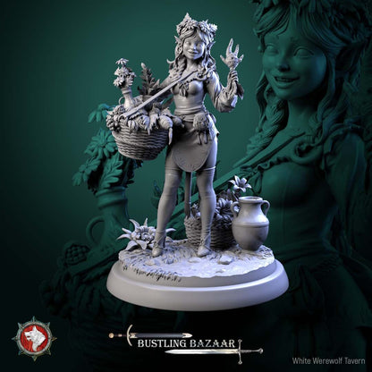 Render of Clover Mossroot | 32-75mm Halfling Flower Seller Miniature: Halfling flower girl with daisy crown and basket carry-yoke, from White Werewolf's Bustling Bazaar. 32-75mm 3D printed resin merchant miniature.