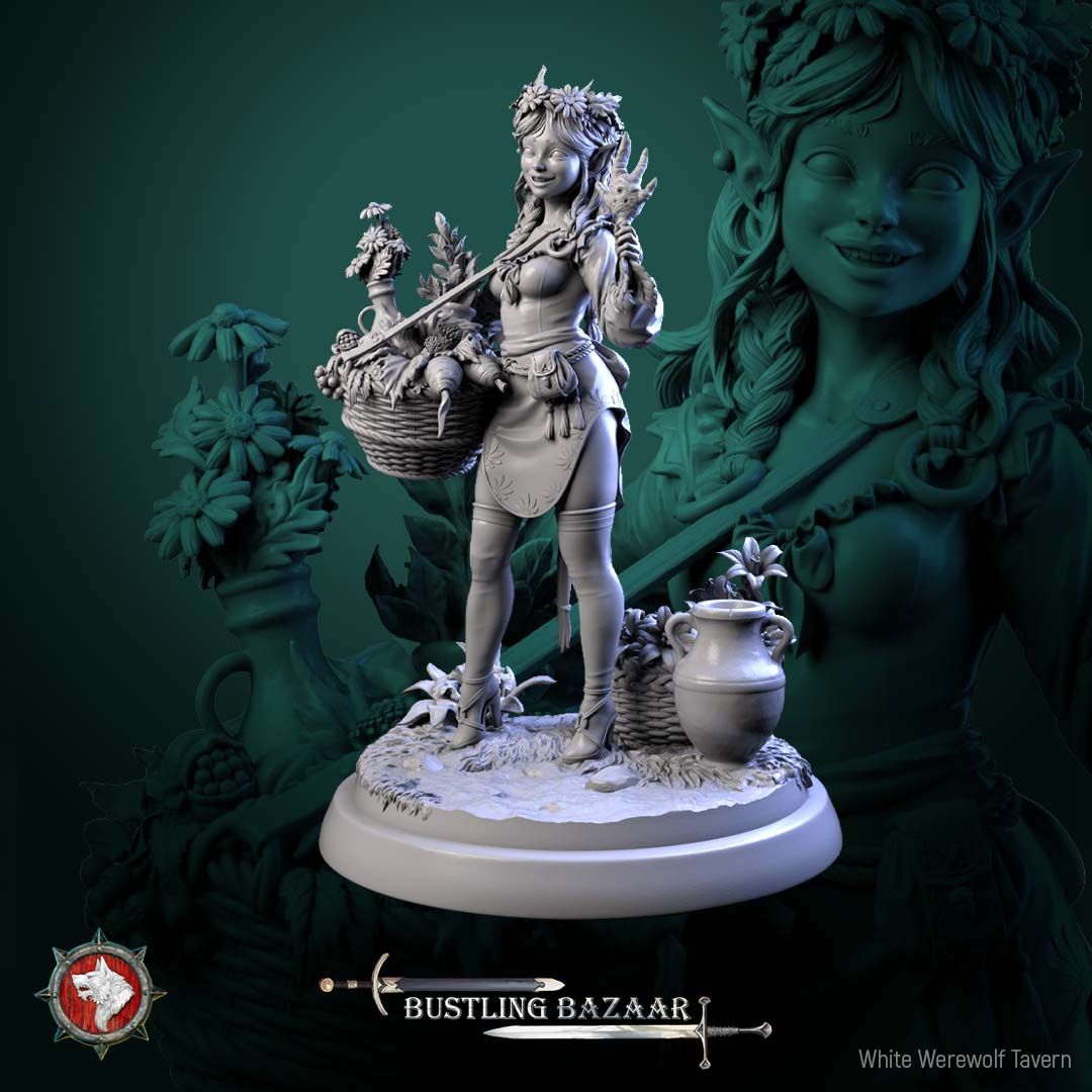 Render of Clover Mossroot | 32-75mm Halfling Flower Seller Miniature: Halfling flower girl with daisy crown and basket carry-yoke, from White Werewolf's Bustling Bazaar. 32-75mm 3D printed resin merchant miniature.
