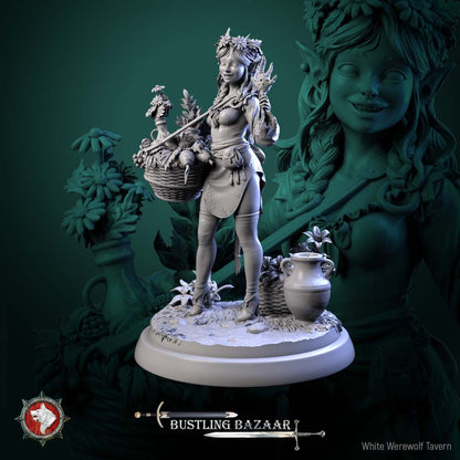Render of Clover Mossroot | 32-75mm Halfling Flower Seller Miniature: Halfling flower girl with daisy crown and basket carry-yoke, from White Werewolf's Bustling Bazaar. 32-75mm 3D printed resin merchant miniature.