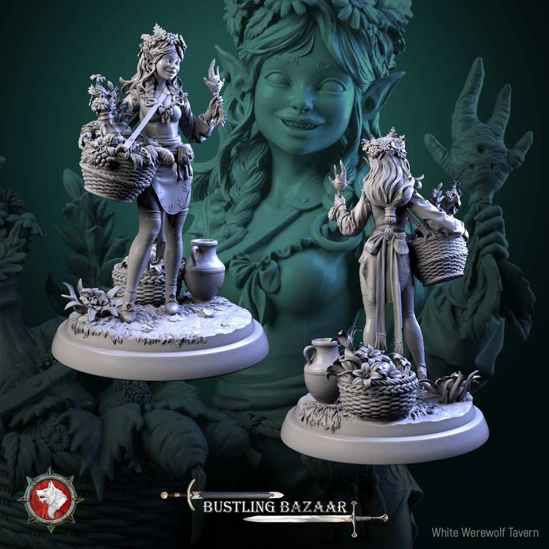 Render of Clover Mossroot | 32-75mm Halfling Flower Seller Miniature: Halfling flower girl with daisy crown and basket carry-yoke, from White Werewolf's Bustling Bazaar. 32-75mm 3D printed resin merchant miniature.