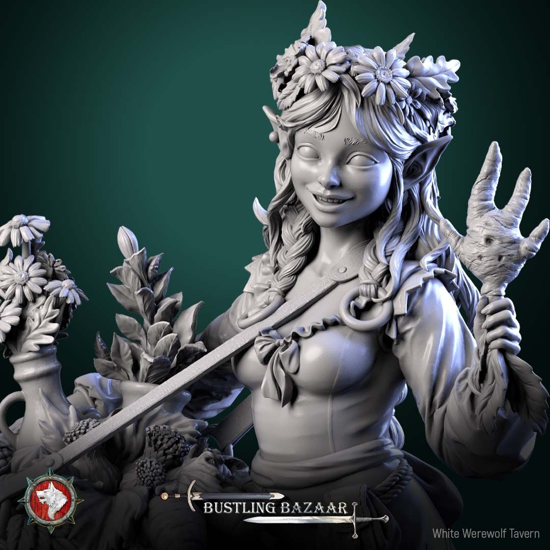 Render of Clover Mossroot | 32-75mm Halfling Flower Seller Miniature: Halfling flower girl with daisy crown and basket carry-yoke, from White Werewolf's Bustling Bazaar. 32-75mm 3D printed resin merchant miniature.