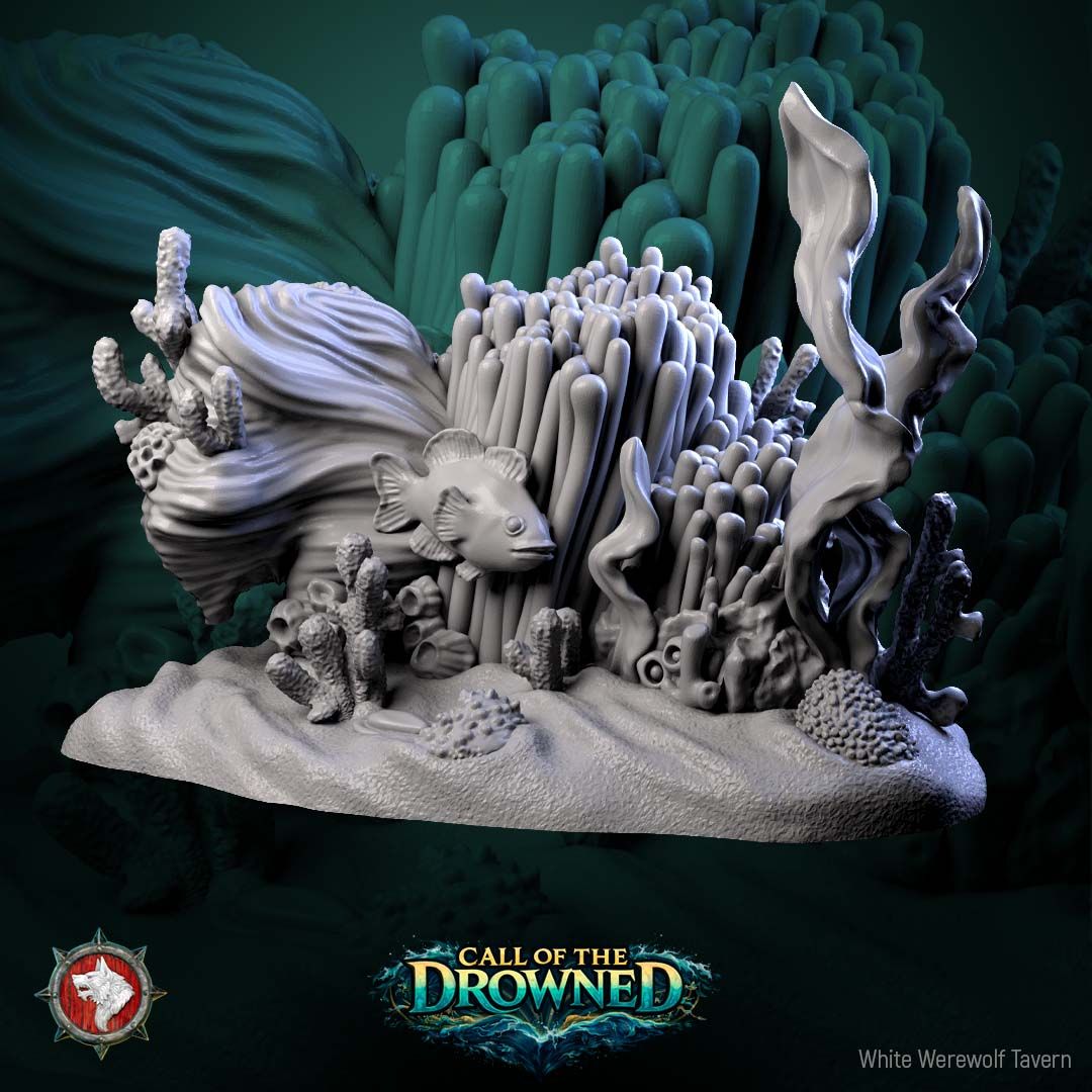 Render of Underwater Scatter Terrain | Sunken Treasure, Coral and Anchor: Treasure chest, coral reef, and fouled anchor scatter pieces for underwater tables and dioramas, from Call of the Drowned. 3D printed resin terrain set.