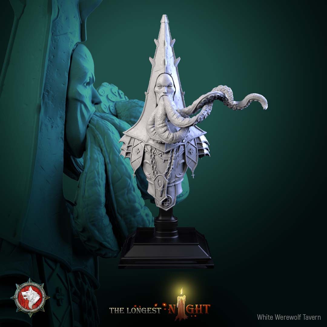 Render of Cursed Priest Bust | Dark Cleric Collector Bust: Tentacle-bearded priest bust in spiked mitre with chained vestments, from White Werewolf's The Longest Night. 3D printed resin collector bust with stand.