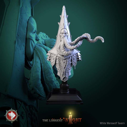 Render of Cursed Priest Bust | Dark Cleric Collector Bust: Tentacle-bearded priest bust in spiked mitre with chained vestments, from White Werewolf's The Longest Night. 3D printed resin collector bust with stand.