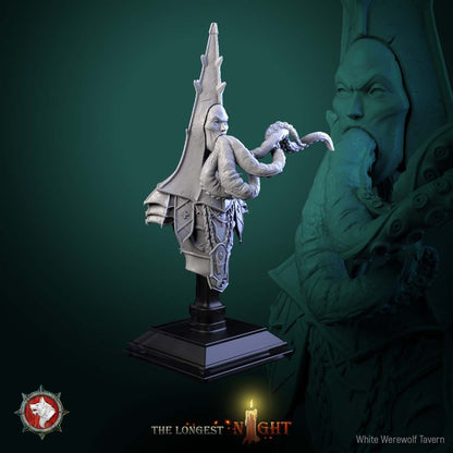 Render of Cursed Priest Bust | Dark Cleric Collector Bust: Tentacle-bearded priest bust in spiked mitre with chained vestments, from White Werewolf's The Longest Night. 3D printed resin collector bust with stand.