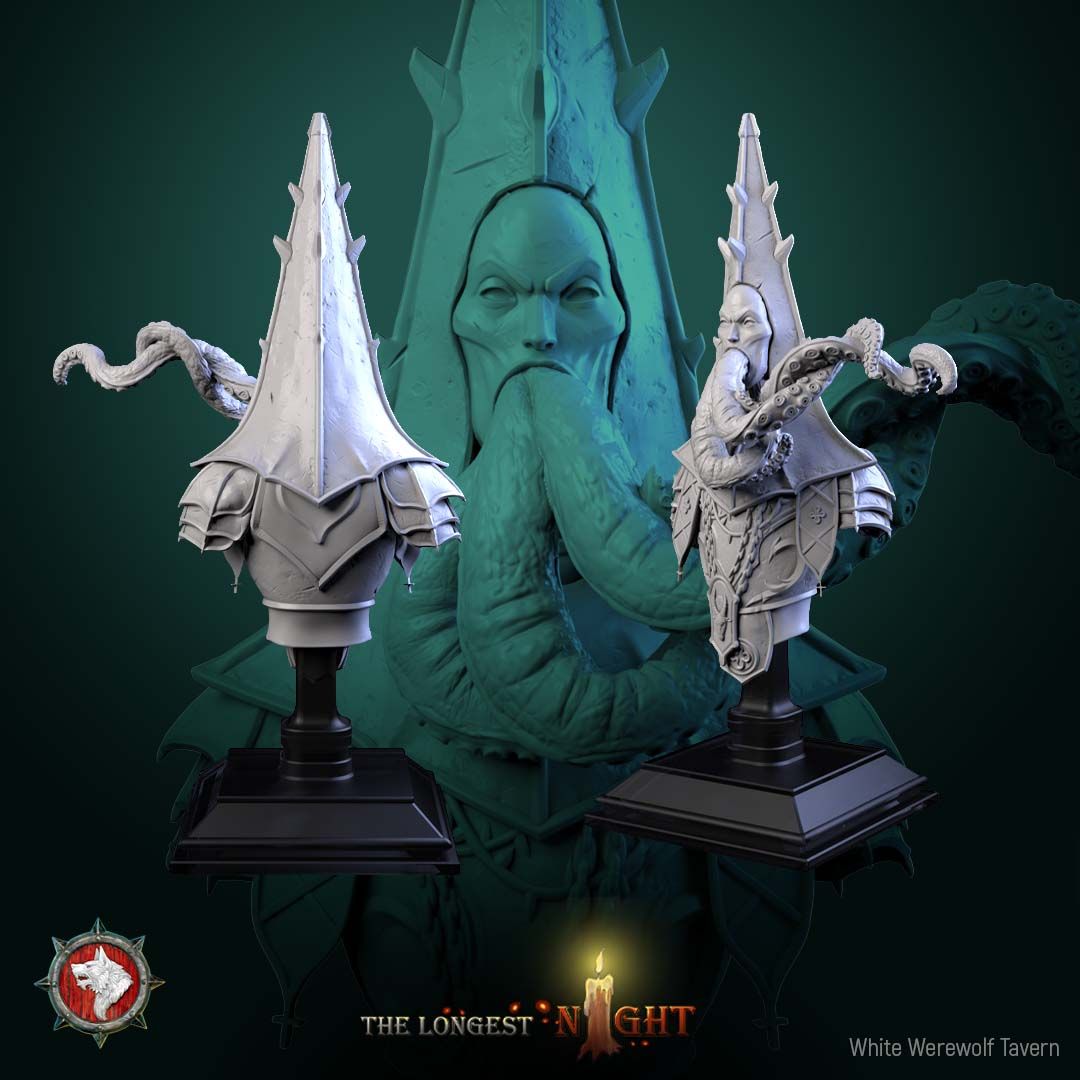 Render of Cursed Priest Bust | Dark Cleric Collector Bust: Tentacle-bearded priest bust in spiked mitre with chained vestments, from White Werewolf's The Longest Night. 3D printed resin collector bust with stand.