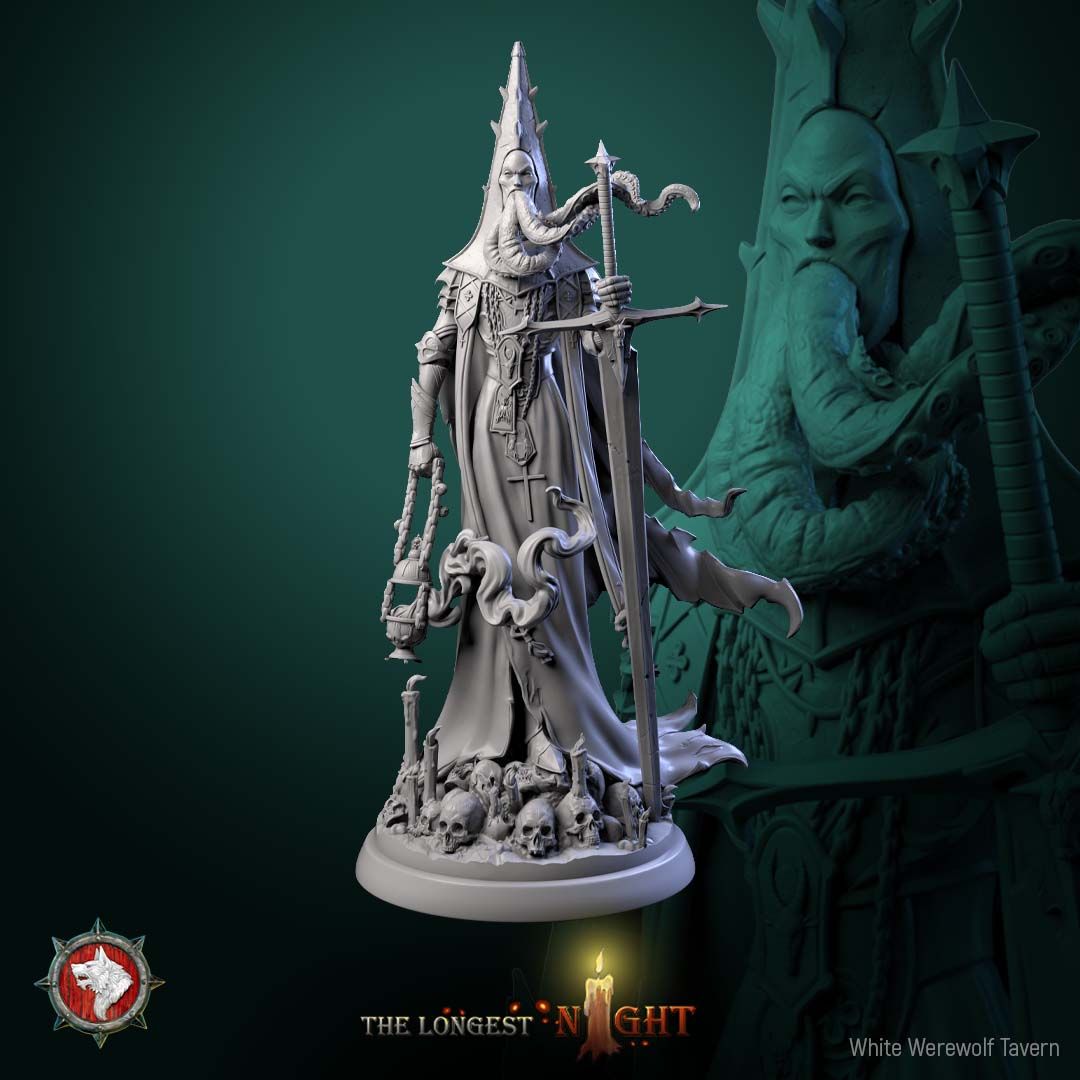 Render of Cursed Priest | 32-75mm Dark Cleric Miniature: Tentacle-bearded priest in spiked mitre with greatsword and censer over skulls and candles, from White Werewolf's The Longest Night. 32-75mm resin.