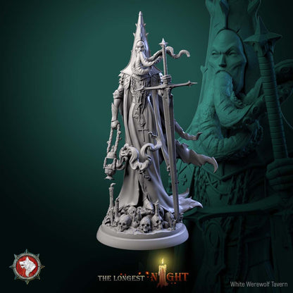 Render of Cursed Priest | 32-75mm Dark Cleric Miniature: Tentacle-bearded priest in spiked mitre with greatsword and censer over skulls and candles, from White Werewolf's The Longest Night. 32-75mm resin.