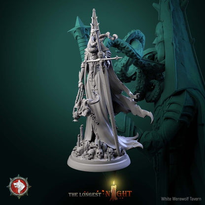 Render of Cursed Priest | 32-75mm Dark Cleric Miniature: Tentacle-bearded priest in spiked mitre with greatsword and censer over skulls and candles, from White Werewolf's The Longest Night. 32-75mm resin.