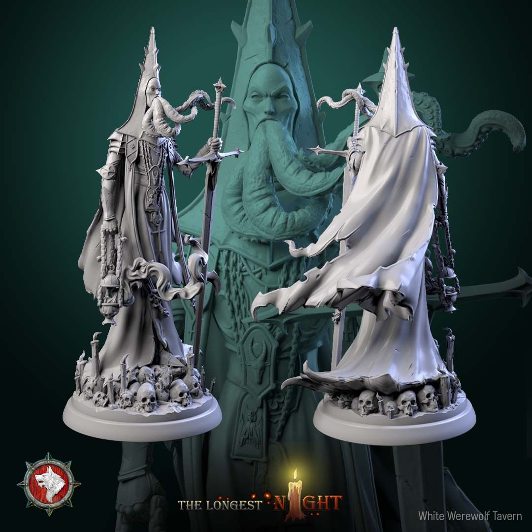 Render of Cursed Priest | 32-75mm Dark Cleric Miniature: Tentacle-bearded priest in spiked mitre with greatsword and censer over skulls and candles, from White Werewolf's The Longest Night. 32-75mm resin.