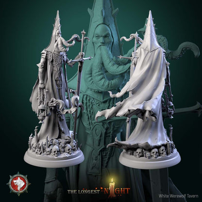 Render of Cursed Priest | 32-75mm Dark Cleric Miniature: Tentacle-bearded priest in spiked mitre with greatsword and censer over skulls and candles, from White Werewolf's The Longest Night. 32-75mm resin.