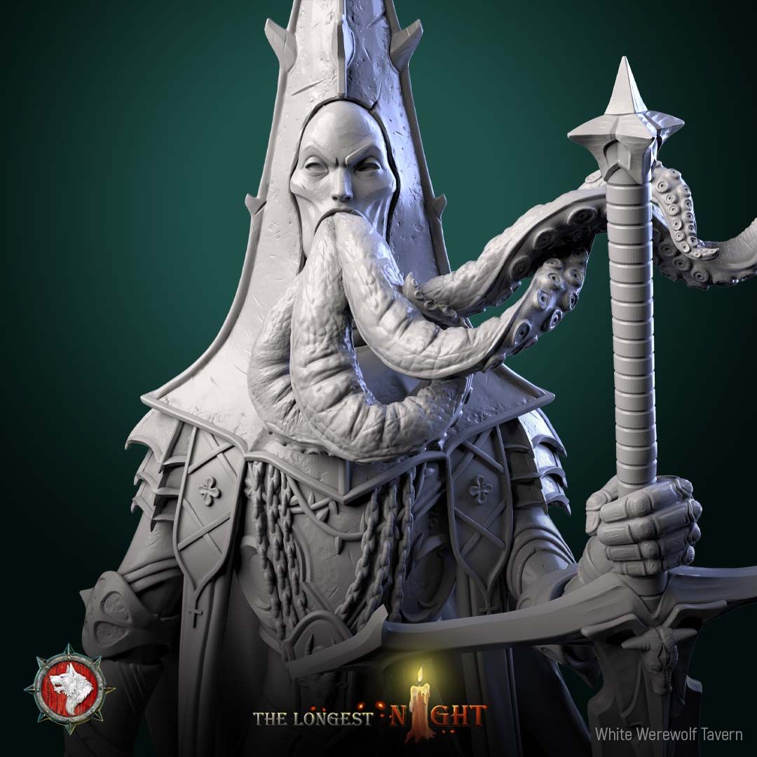 Render of Cursed Priest | 32-75mm Dark Cleric Miniature: Tentacle-bearded priest in spiked mitre with greatsword and censer over skulls and candles, from White Werewolf's The Longest Night. 32-75mm resin.