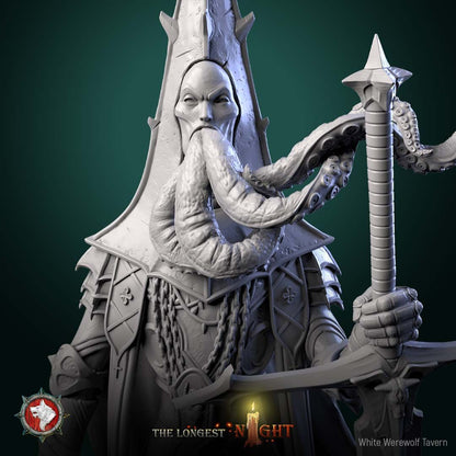 Render of Cursed Priest | 32-75mm Dark Cleric Miniature: Tentacle-bearded priest in spiked mitre with greatsword and censer over skulls and candles, from White Werewolf's The Longest Night. 32-75mm resin.
