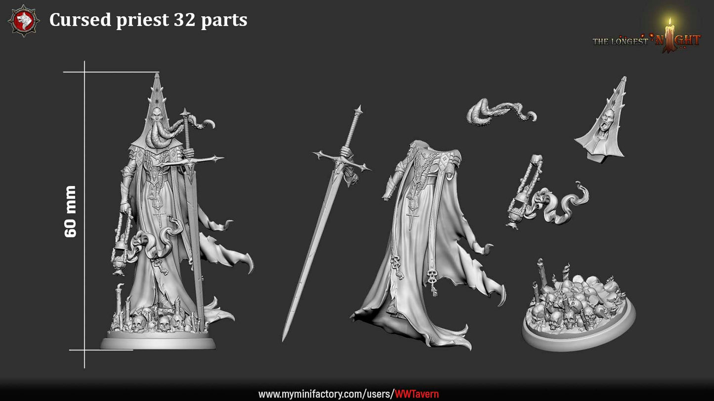 Render of Cursed Priest | 32-75mm Dark Cleric Miniature: Tentacle-bearded priest in spiked mitre with greatsword and censer over skulls and candles, from White Werewolf's The Longest Night. 32-75mm resin.