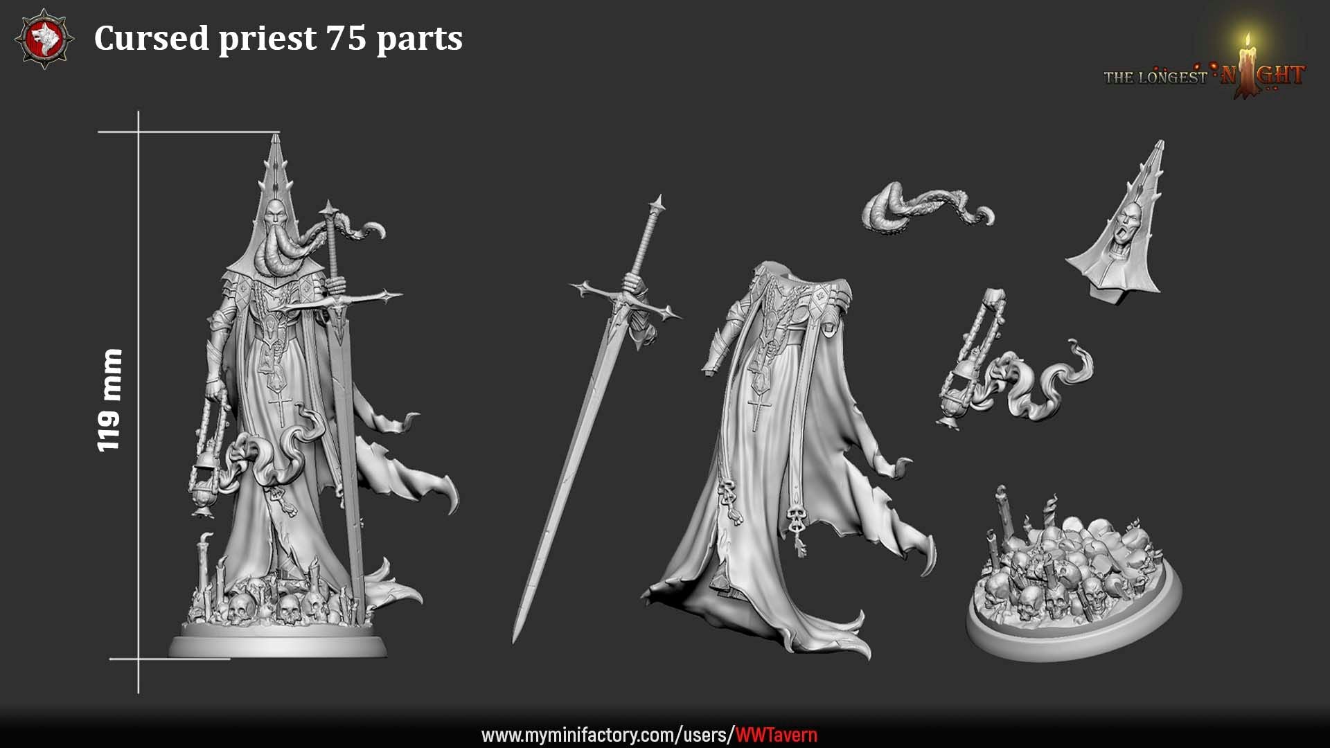 Render of Cursed Priest | 32-75mm Dark Cleric Miniature: Tentacle-bearded priest in spiked mitre with greatsword and censer over skulls and candles, from White Werewolf's The Longest Night. 32-75mm resin.