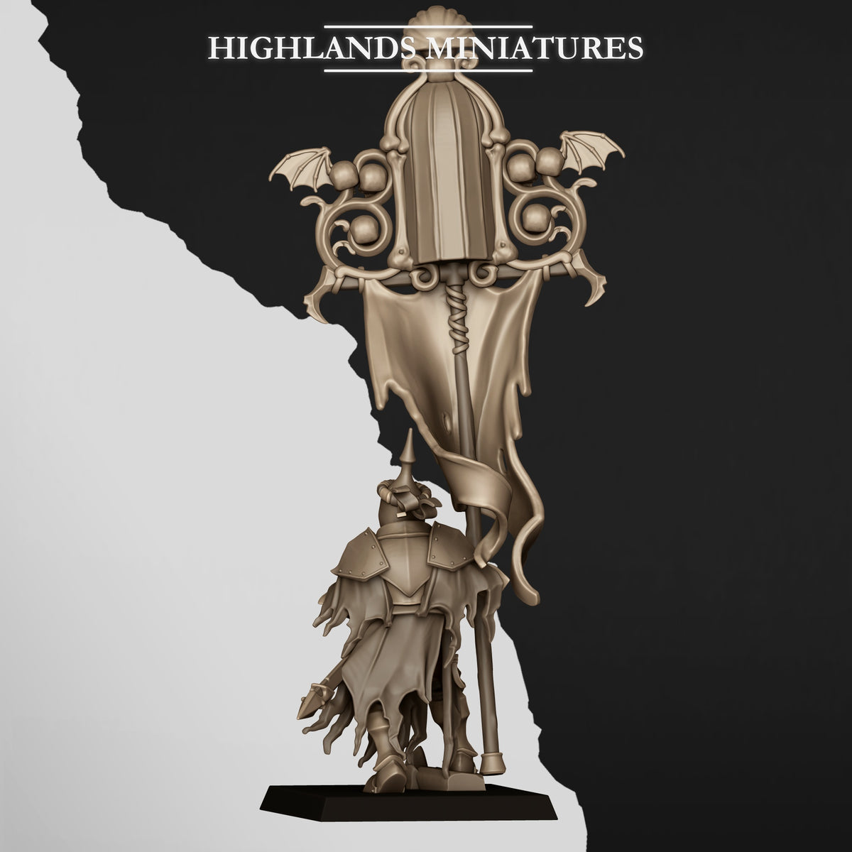 Skeletal Lord Battle Standard Bearer on Foot, lord with the banner, rear view, Highlands Miniatures render