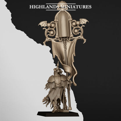 Skeletal Lord Battle Standard Bearer on Foot, lord with the banner, rear view, Highlands Miniatures render