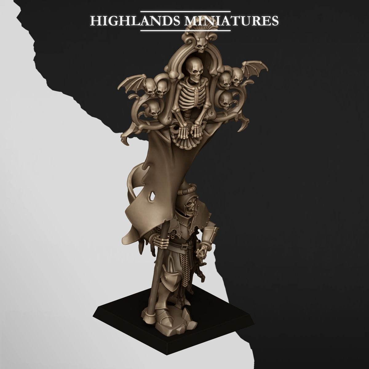 Skeletal Lord Battle Standard Bearer on Foot, lord with the banner, side view, Highlands Miniatures render