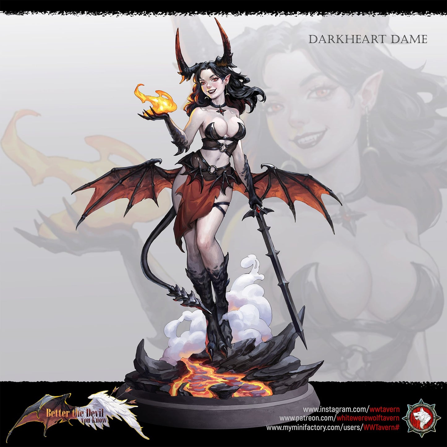 Render of Darkheart Dames | 32mm Succubus Miniatures: Six horned bat-winged succubi with spears, blades, and whips, from White Werewolf's Better the Devil You Know. 32mm 3D printed resin, single or set.