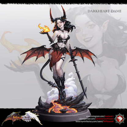 Render of Darkheart Dames | 32mm Succubus Miniatures: Six horned bat-winged succubi with spears, blades, and whips, from White Werewolf's Better the Devil You Know. 32mm 3D printed resin, single or set.