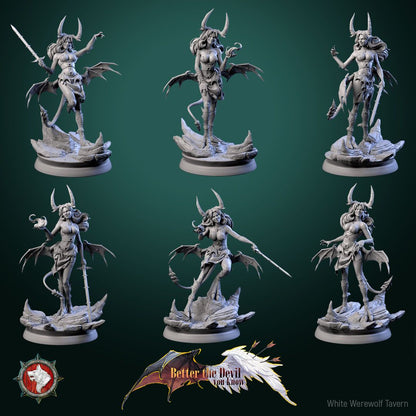 Render of Darkheart Dames | 32mm Succubus Miniatures: Six horned bat-winged succubi with spears, blades, and whips, from White Werewolf's Better the Devil You Know. 32mm 3D printed resin, single or set.