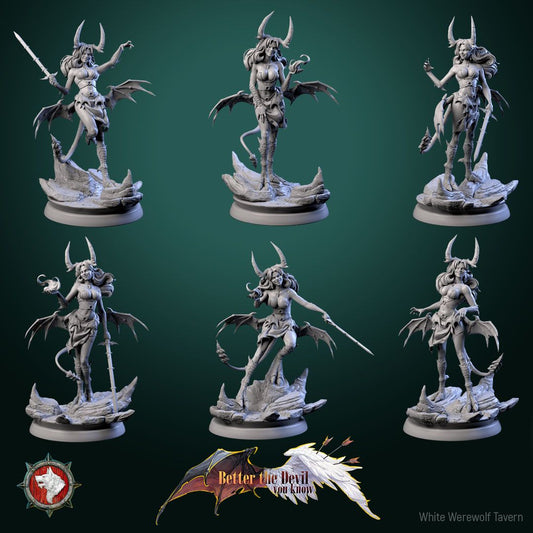 Render of Darkheart Dames | 32mm Succubus Miniatures: Six horned bat-winged succubi with spears, blades, and whips, from White Werewolf's Better the Devil You Know. 32mm 3D printed resin, single or set.